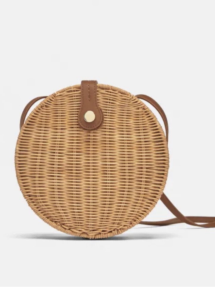 Zara Round Woven Crossbody Bag In Natural Brown
